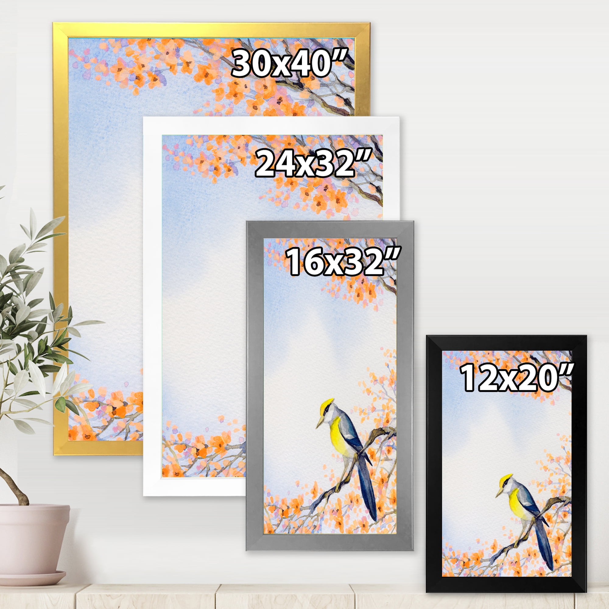 Beautiful Blue Bird Sitting On Flowering Branch II 30 in x 40 in Framed Painting Canvas Art Print, by Designart
