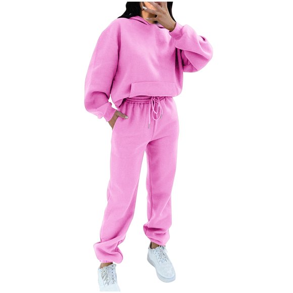 PEZHADA Fall Savings Women 2 Piece Outfits Sweatsuit Set Oversized Long Sleeve Hooded Sweatshirt with Pockets Drawstring Sweatpant Lounge Set Tracksuit Pink