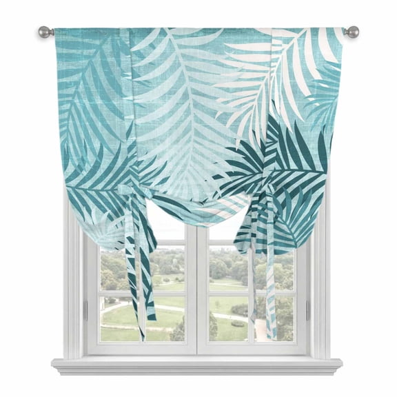 Teal Palm Leaves Tie Up Curtains for Kitchen Windows,Adjustable Rod Pocket Valance 54 Inch Long, Summer Botanical Tropical Leaf Window Treatment Balloon Roman Blind Shade, 42" x 54"