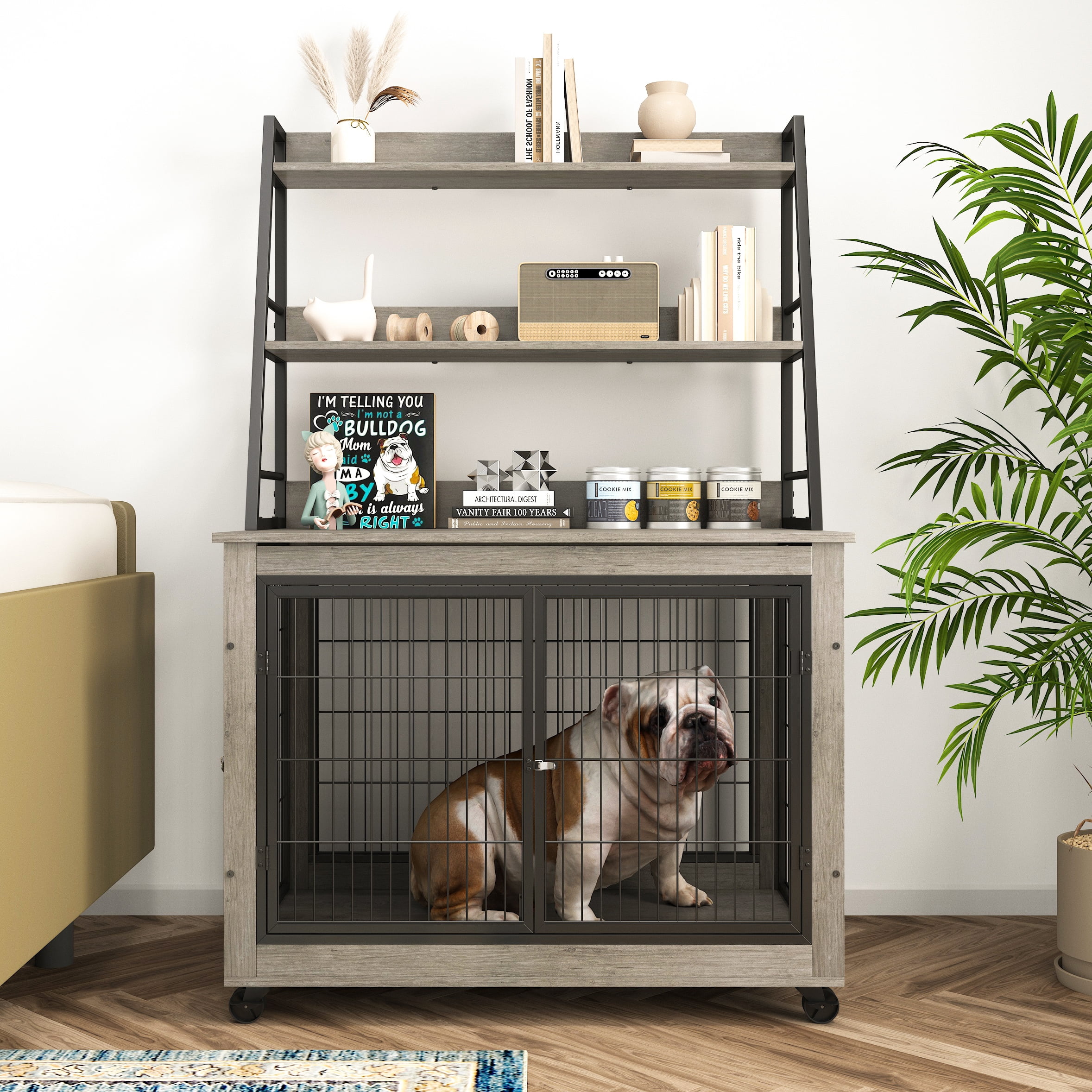 Pefilos 57" Wood Dog Crate Furniture with 3 Tier Shelves, kennel Equipped with Double Doors and A Raised Roof, Gray Pefilos 57" Wood Dog Crate Furniture with 3 Tier Shelves, kennel Equipped with Double Doors and A Raised Roof, Gray