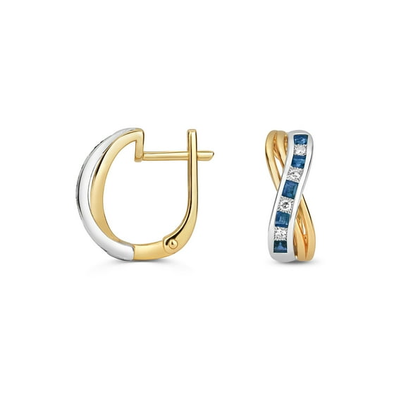 9k 2 Colour Gold Women Diamond Huggies Earrings Brilliant Cut 0.08 Carat HI - I1 with Sapphire - 17mm*6mm