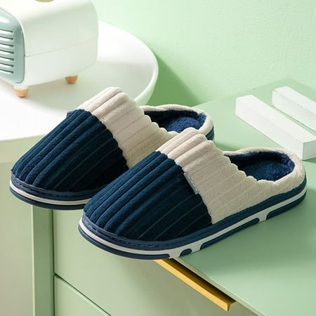 

CoCopeanut Autumn Winter Indoor Cotton Slippers With Fleece Warm Non-Slip Soft Bottom Home Slides Women Stripes Shoes Classic Men Slippers