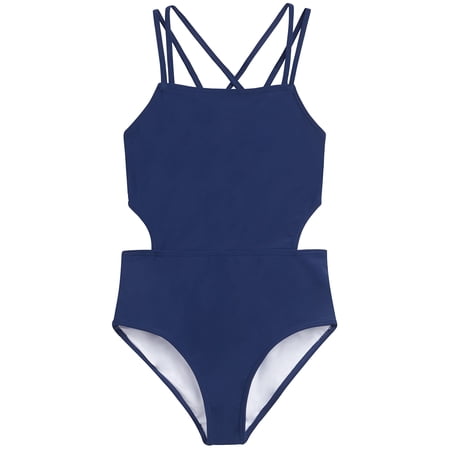 Kanu Surf Girls' Beach Sport Cut-Out 1-Piece Swimsuit, Solid Navy, 10