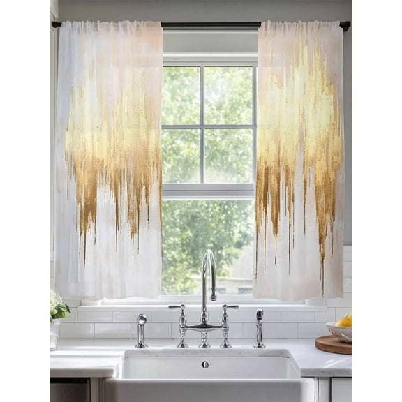 Abstract Art Sheer Curtains 63 Inches Long 2 Panels Gold Color Block Impressionist Brown Back Light Filtering Semi Sheer Window Curtains Drapes for Bedroom Living Room 52"x63"