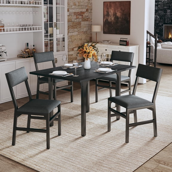 Dining Table Set for 4 People, Expandable Kitchen Table with 4 Cushioned Seats, Foldable for Space Efficiency, Durable MDF Top & Steel Frame, Black