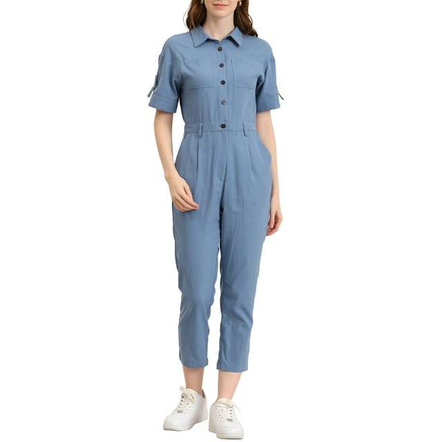 Unique Bargains Combinaison Pantalon pour Femme à Col Rabattu, Boutonnée, Taille à Nouer, Bleu, TG