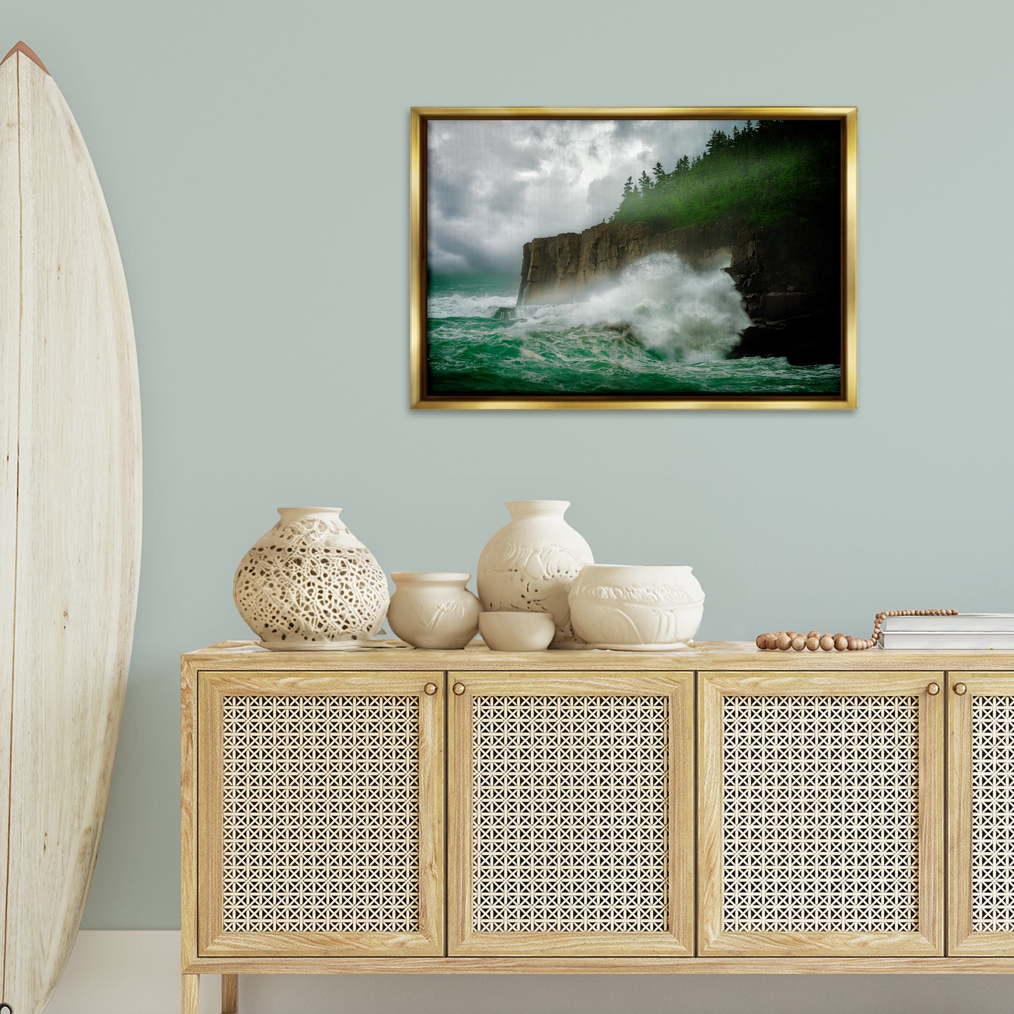 Stupell Industries Rushing Water Crashing Nautical & Beach Photography Gold Floater Framed Canvas Art Print Wall Art, 31 x 21