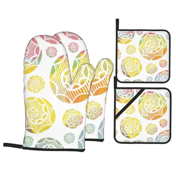 YFYANG Oven Mitts and Pot Holders Sets 4 Pieces, Non-Slip Heat Resistant Abstract Line Graffiti Kitchen Glove Pot Mat for Cooking and Baking