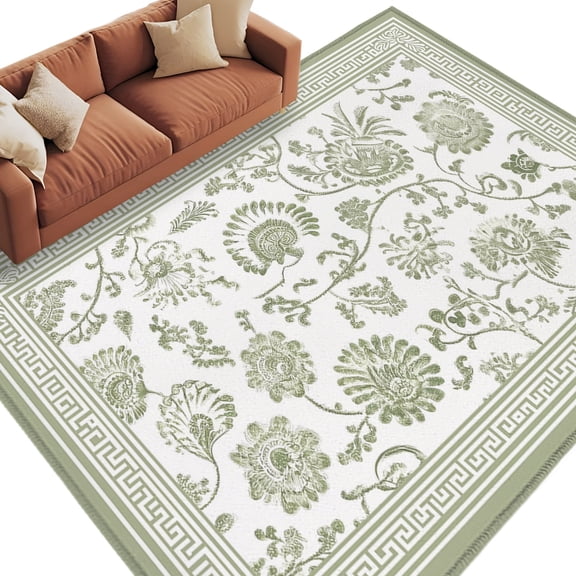 Sage Green Flowers Washable Living Room Rugs 5'x8', Floral Geometric Classic Traditional Border Low Pile Throw Large Area Rug Non-Slip Sturdy Edge Binding Carpet for Living Room Kitchen Office
