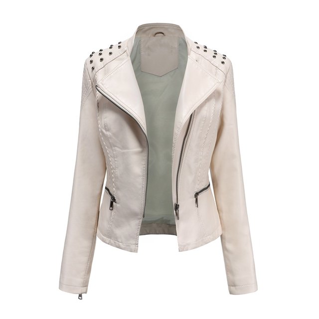 Nuevo en 2023 Chaqueta de cuero sintético de PU para mujer de invierno con cremallera y remaches, abrigos y chaquetas de moda para motocicleta, primavera y otoño para mujer