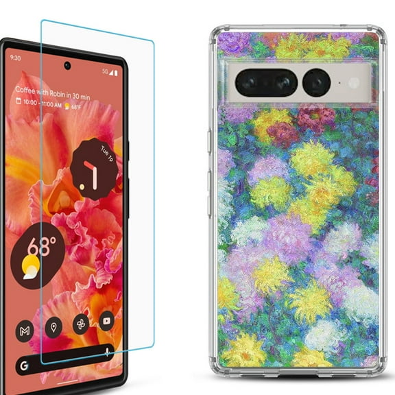 Shockproof Bumper Phone Case for Google Pixel 7, with Tempered Glass Screen Protector, by OneToughShield ® - Chrysanthemums