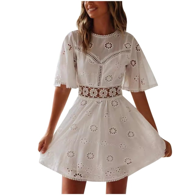 Yuyuzo Robe d'Été Mini pour Femme au Crochet à Manches Courtes Robe Bohème Col Ras du Cou Ajourée Cache-Maillots d'Été