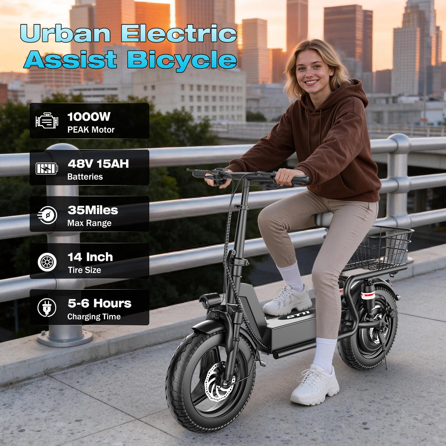 AZHAR 1000W Electric Scooter with Seat for Adults, 25 MPH, 45 Miles, 48V 15Ah, 14" Tire, UL 2272