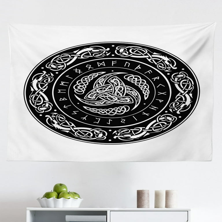 Celtic Dragon Tapestry Roudn Motif with Swirling Myth Creature Fabric Wall Hanging Decor for Bedroom Living Room Dorm 2 Sizes Dark Night Blue