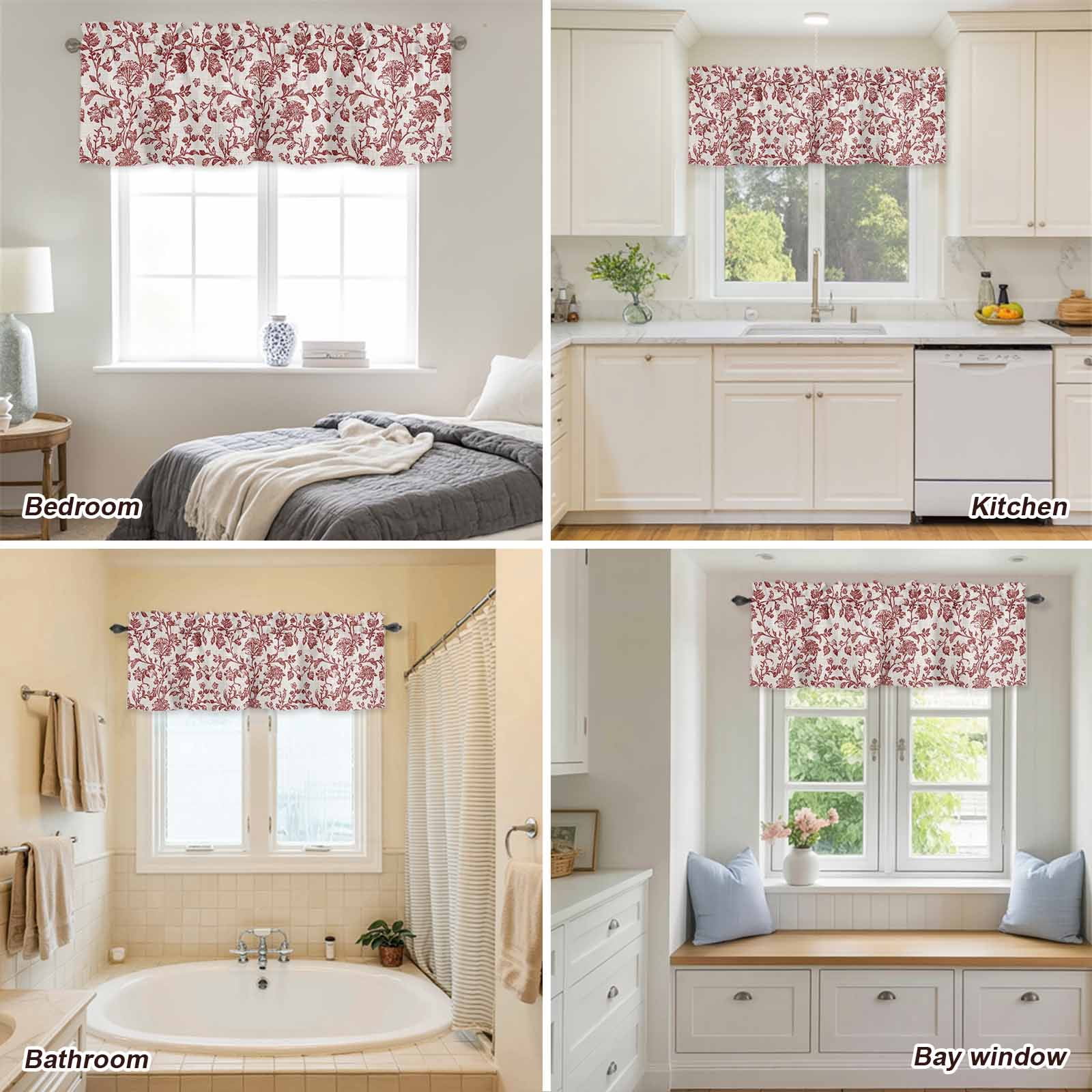 Curtain Valance for Windows, Vintage Rustic Red Flower on Linen Kitchen Valances Rod Pocket Short Curtains, Farm Floral Plant Pattern Window Valance for Bedroom Bathroom Living room 60x18in