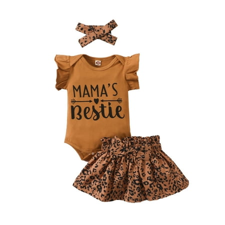 

EHTMSAK Infant Baby Toddler Children Girl Clothing Set Summer Bodysuit and Skirt Set Letter Print Outfits Short Sleeve with Headband Brown 3M-2Y 92