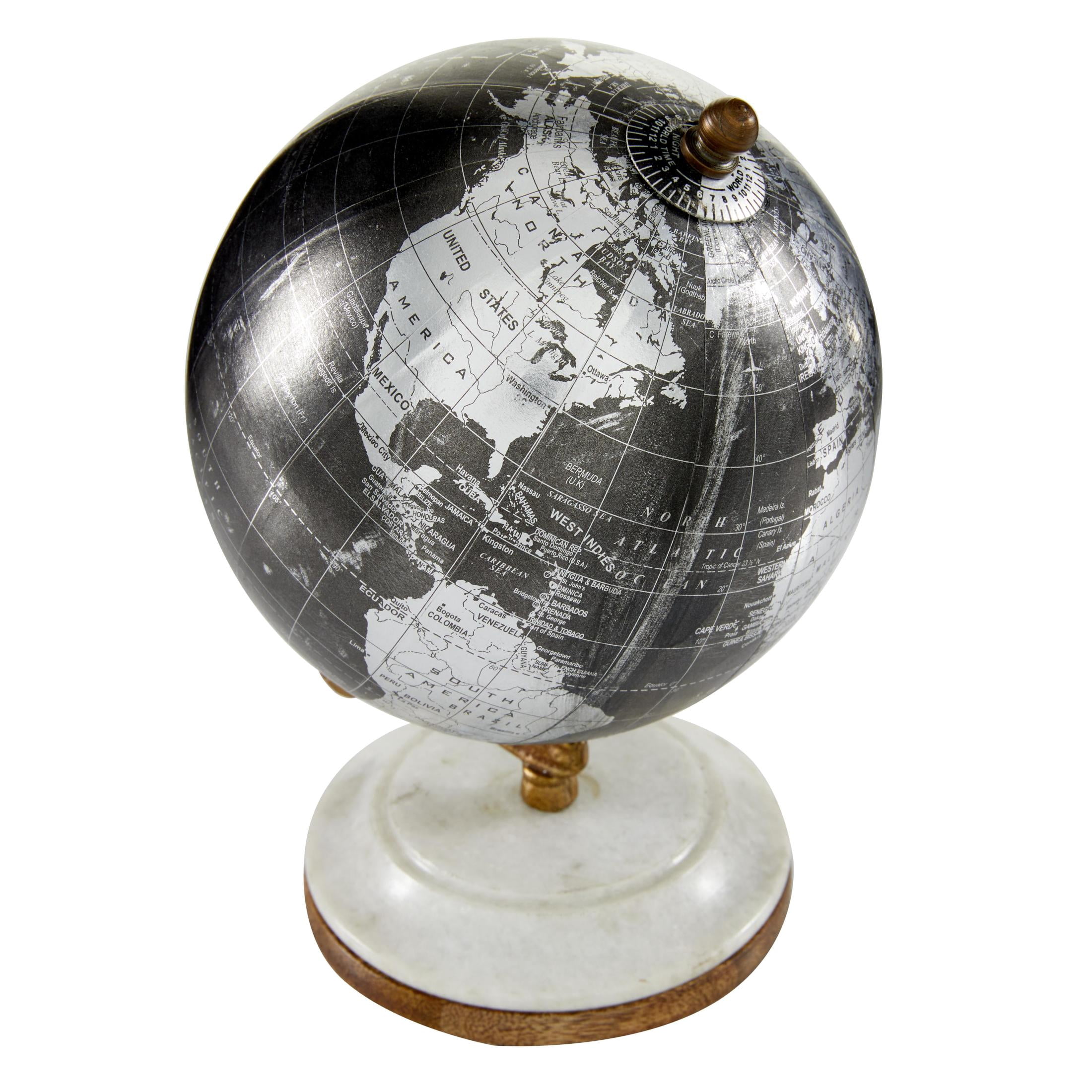 DecMode 5" Small Black World Map Globe with Silver Continents and White Marble Base