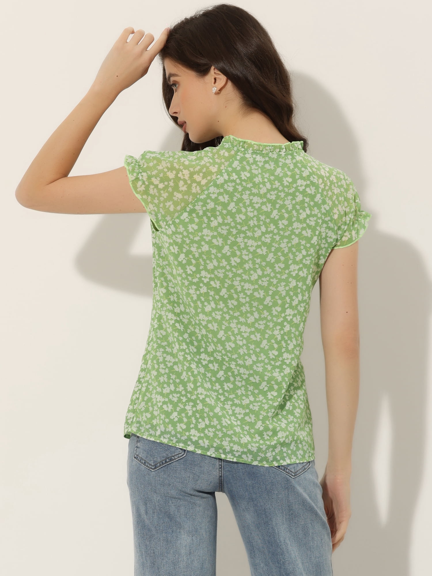 DARING DIVA Women's Ruffle V Neck Cap Sleeve Chiffon Floral Blouse Top L Light Green