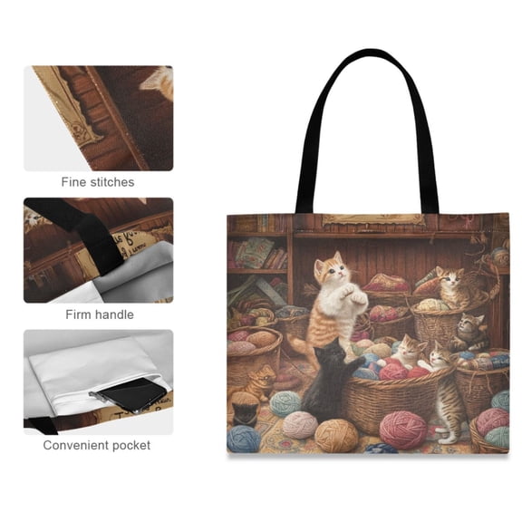 Canvas Tote Bag for Women Girls Design Print Kittens Playing with Yarn Balls Tote
