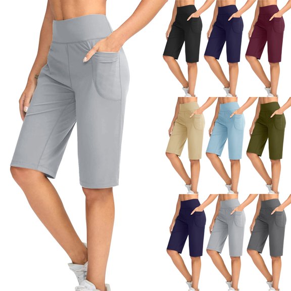 Lightweight Exercise Shorts Womens Knee Length High Waist Summer Casual Stretch Straight Leg Short Pants with Pockets (S, Gray)