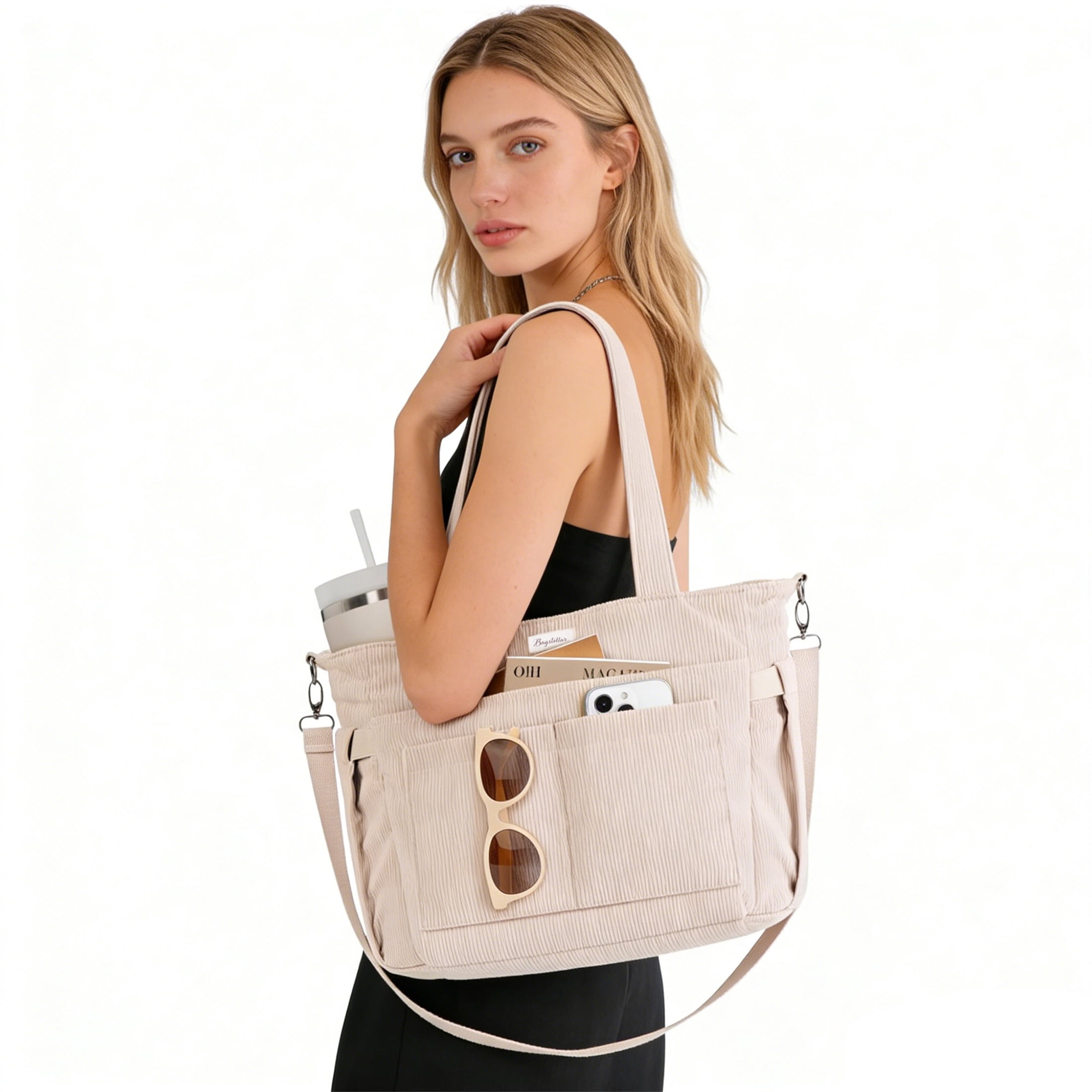 Corduroy Tote Bag for Women, Lightweight Work Laptop Tote Purse With 17 Pockets, Crossbody Shoulder Handbag for School Work Travel Gym, Beige