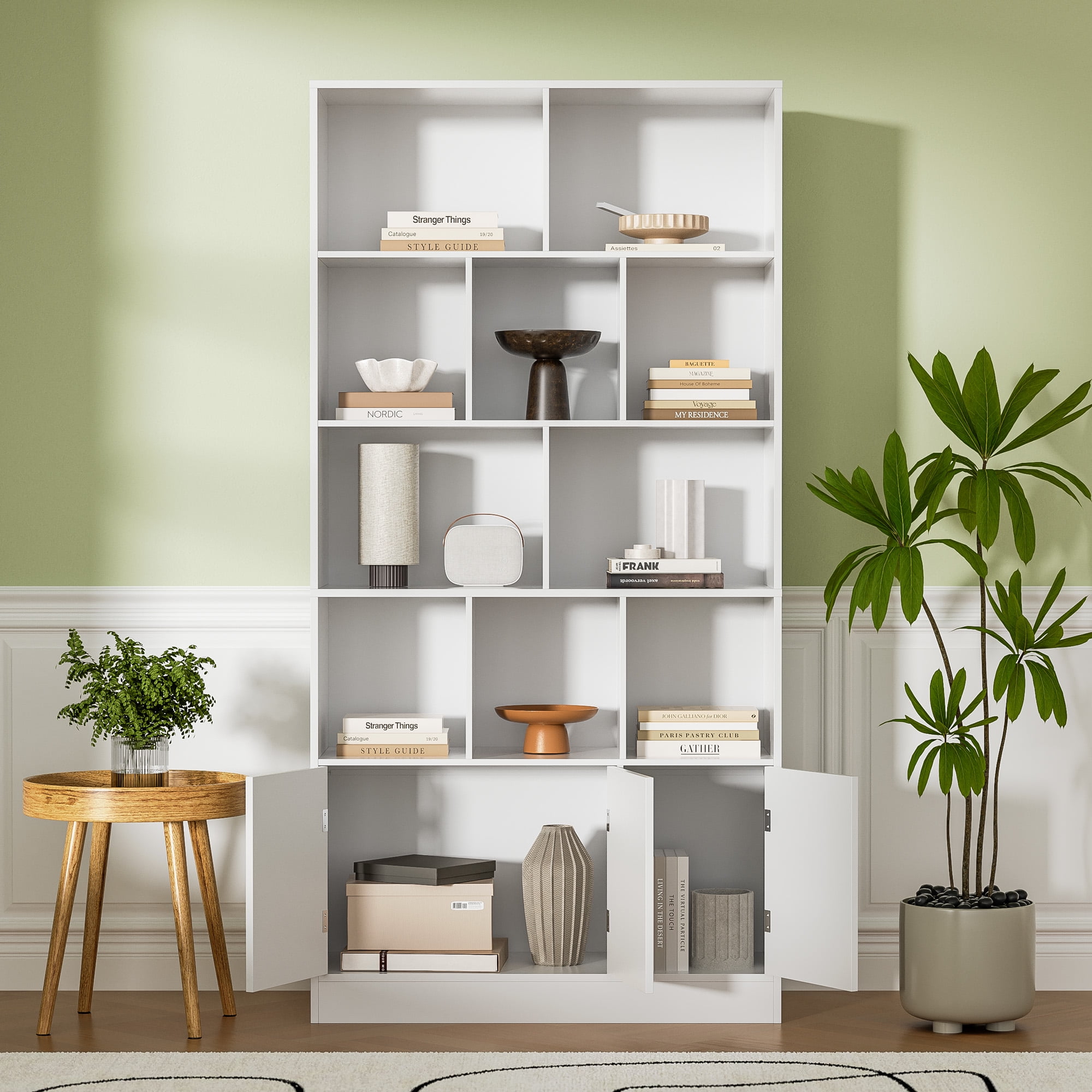 4-Tier Tall Bookshelf with 3 Doors, 71" Open Shelf Bookcase with 10 Cubes, Modern Cube Storage Organizer for Living Room, and Office, White