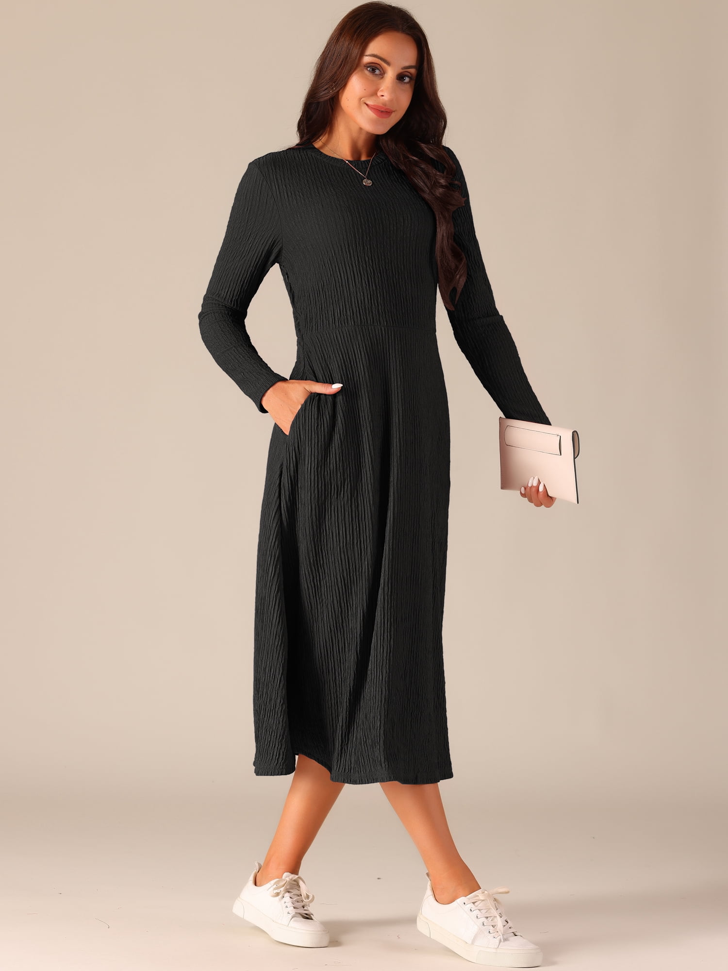 DARING DIVA Long Sleeve Crew Neck Knit A-Line Midi Dress XL Black