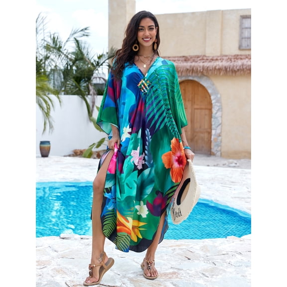 Positioned print beach cover-up, hand-woven V-neck plus-size dress, vacation long dress, 31 colors