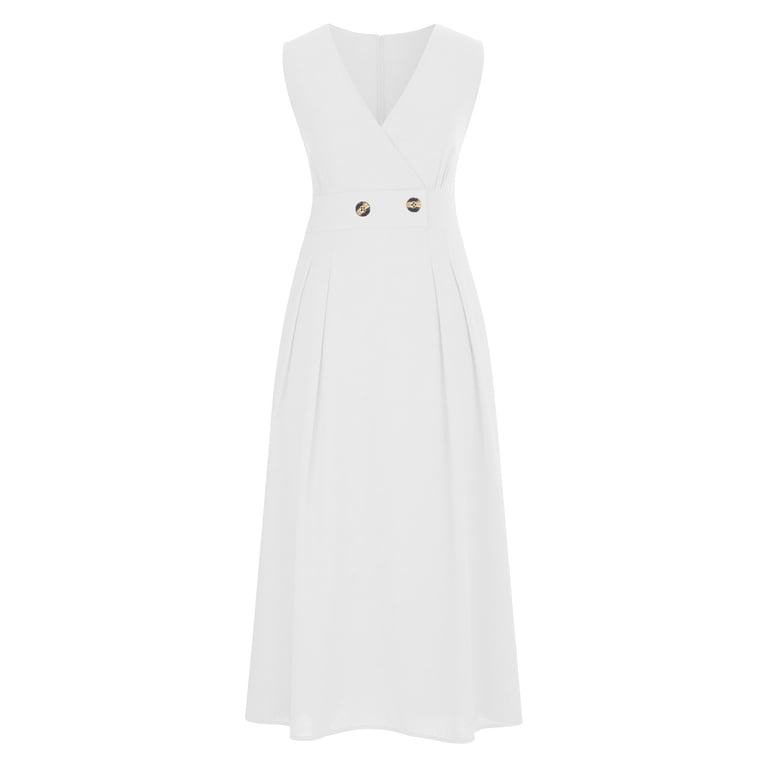white linen tank dress HAOTAGS Womens Casual Cotton Linen Tank Dress Buttoned Solid Color Crewneck Sleeveless Long Dresses for Women White Size S, Women's, Size: Small