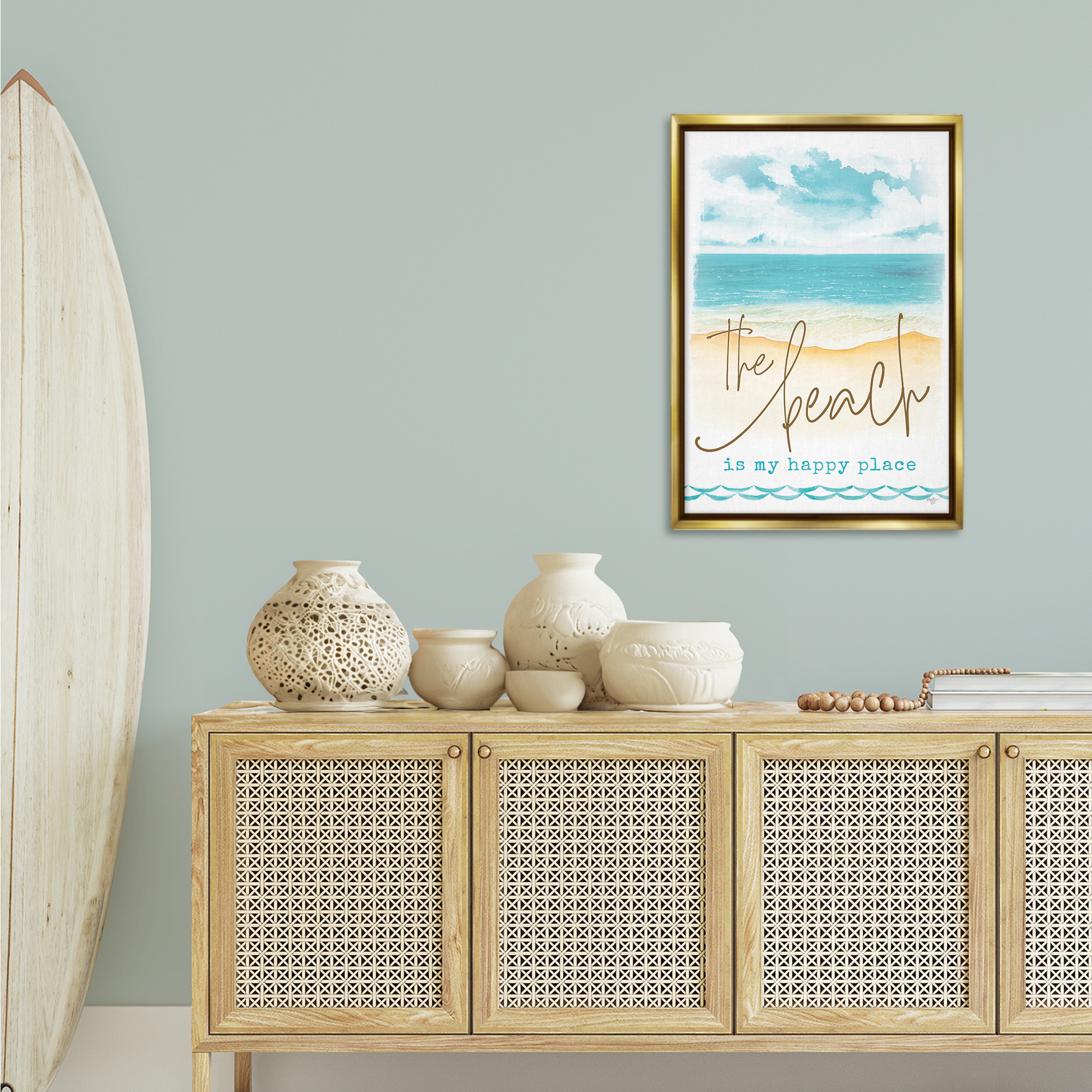 Stupell Industries Beach is Happy Place Text & Numbers Painting Gold Floater Framed Canvas Art Print Wall Art, 21 x 31