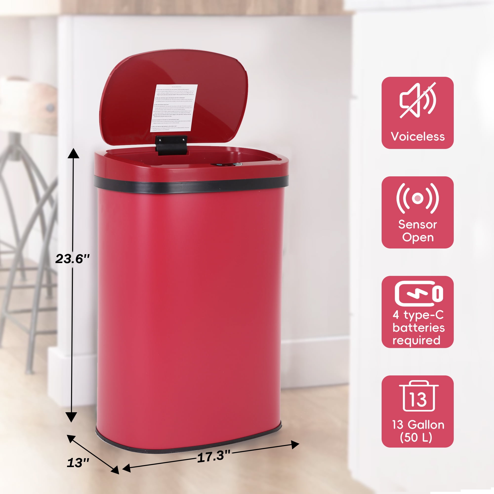Touch Free Stainless Steel Trash Can 13 Gallon for Kitchen, Automatic Garbage Can with Lid Trash Bin for Bathroom Kitchen Wastebaskets for Bedroom Auto Open Trash Cans Motion Sensor, Red