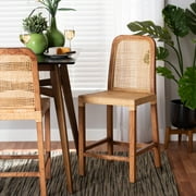 bali & pari Caspia Rattan and Mahogany wood Mid-Century Counter Stool, Natural Brown