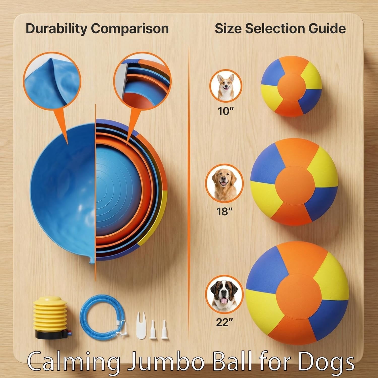 Double-Layer Tear Resistant Herding Ball for Dogs, Inflatable Calming Jumbo Dog Toy with Cover and Pump for Outdoor Exercise (1 Piece Blue)