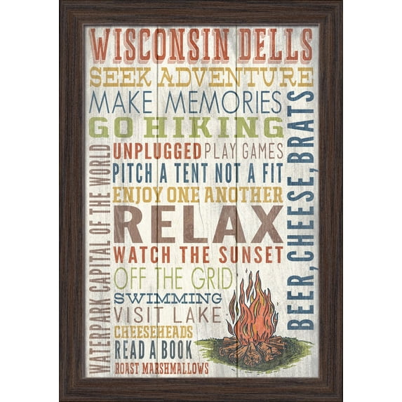 Wisconsin Dells, Wisconsin - Camping Rules - Rustic Typography - Lantern Press Artwork (12x18 Giclee Art Print, Gallery Framed, Espresso Wood)