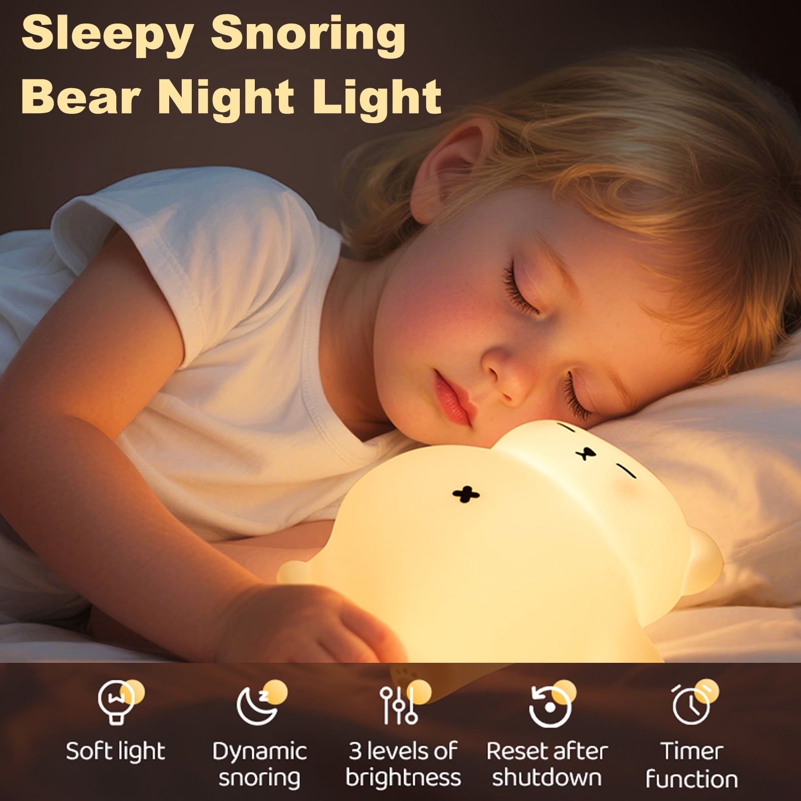 Snoring Bear Night Light for Kids, Rechargeable Cute Bear Silicone Lamp with Snoring Sound Effect & Timer, Dimmable Nursery Lights for Kids Room Decor, Funny Christmas Gifts for Kids Boys Girls