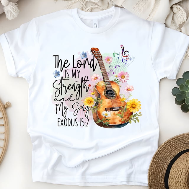 The Lord Is My Strength Christian Guitar Scripture T-Shirt, White, Size M