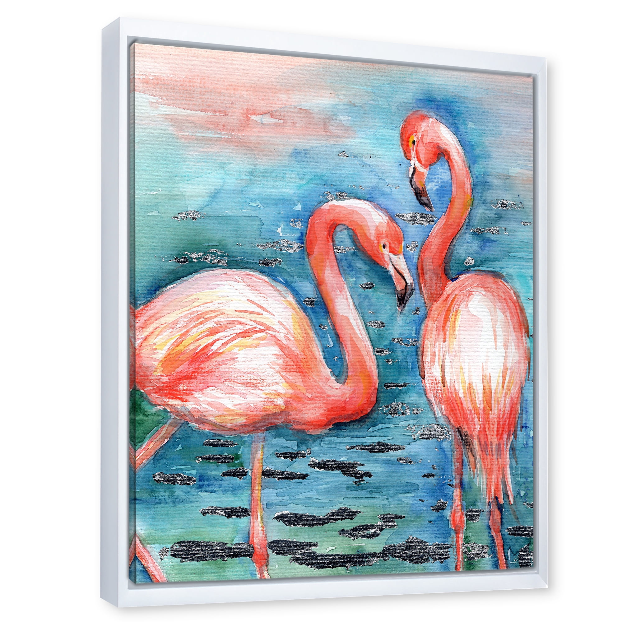 Designart 'Pink Flamingos Love Birds In Blue Water I' Farmhouse Framed Canvas Wall Art Print