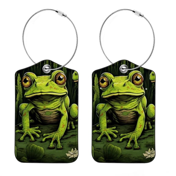 Frog Luggage Tag, Travel Tags, Handbag Tag - Square PU Leather 2 Pack with Privacy Cover and Stainless Steel Ring - Suitable for Travel, Backpack, Handbag [Amazon Approved]