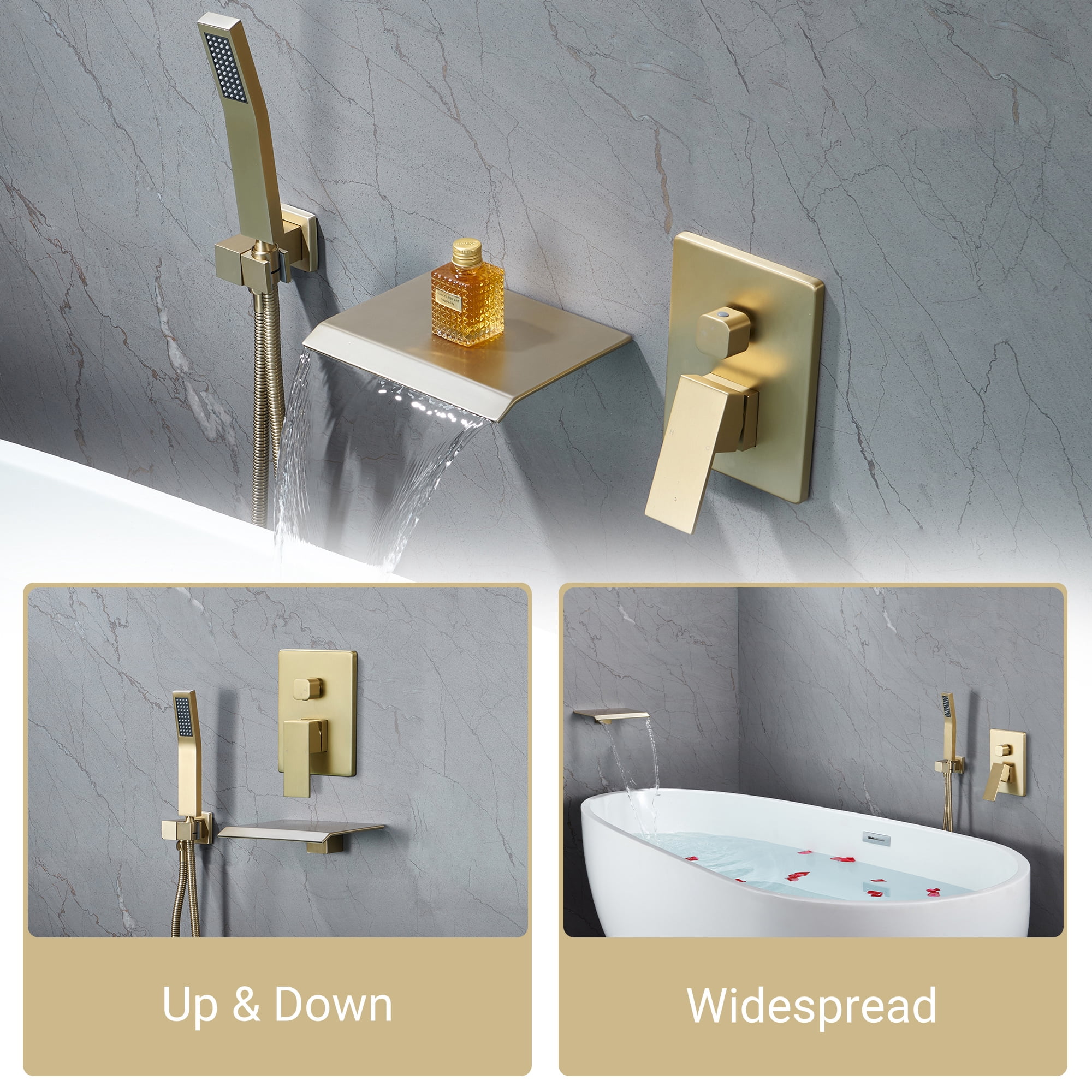 Wowkk Wall Mount Waterfall Tub Faucet With Hand Shower - Chrome Brass Single Handle Bathroom Faucet