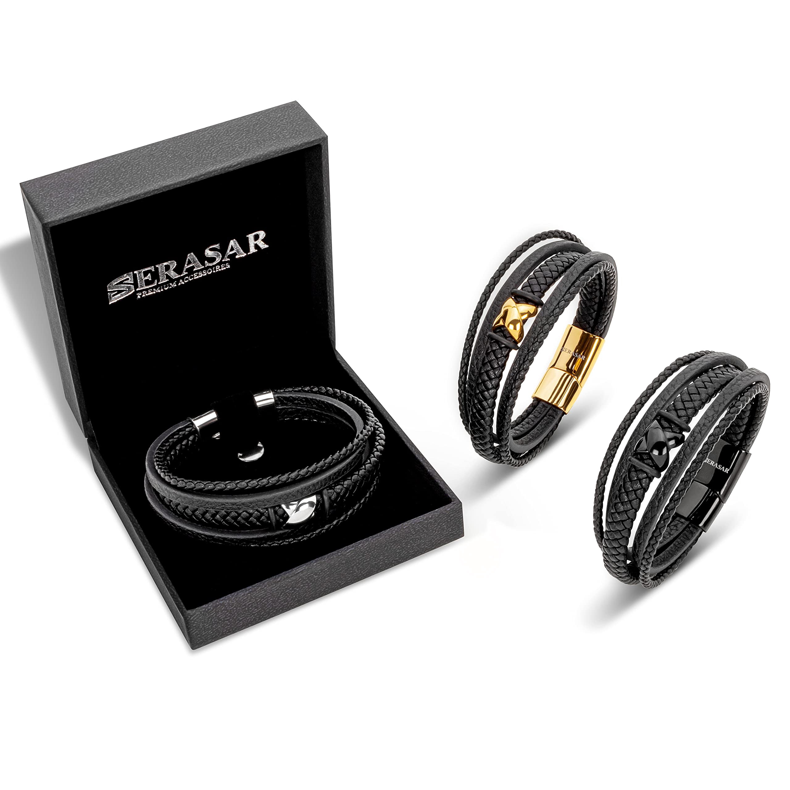 SERASAR Men's Premium Leather Bracelet "Flake" with stainless steel magnetic closure, Silver 17cm, including gift box