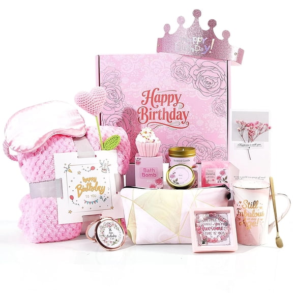Birthday Gifts for Women Happy Birthday Gift Basket Unique Pink Birthday Gift Box for Women Relaxing Spa Self Care Gifts with Blanket for Mom Her Wife Grandma Girlfriend Coworker