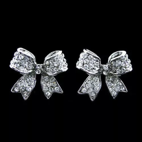 Round Cut Moissanite Bow Stud Earrings 14k White Gold Plated