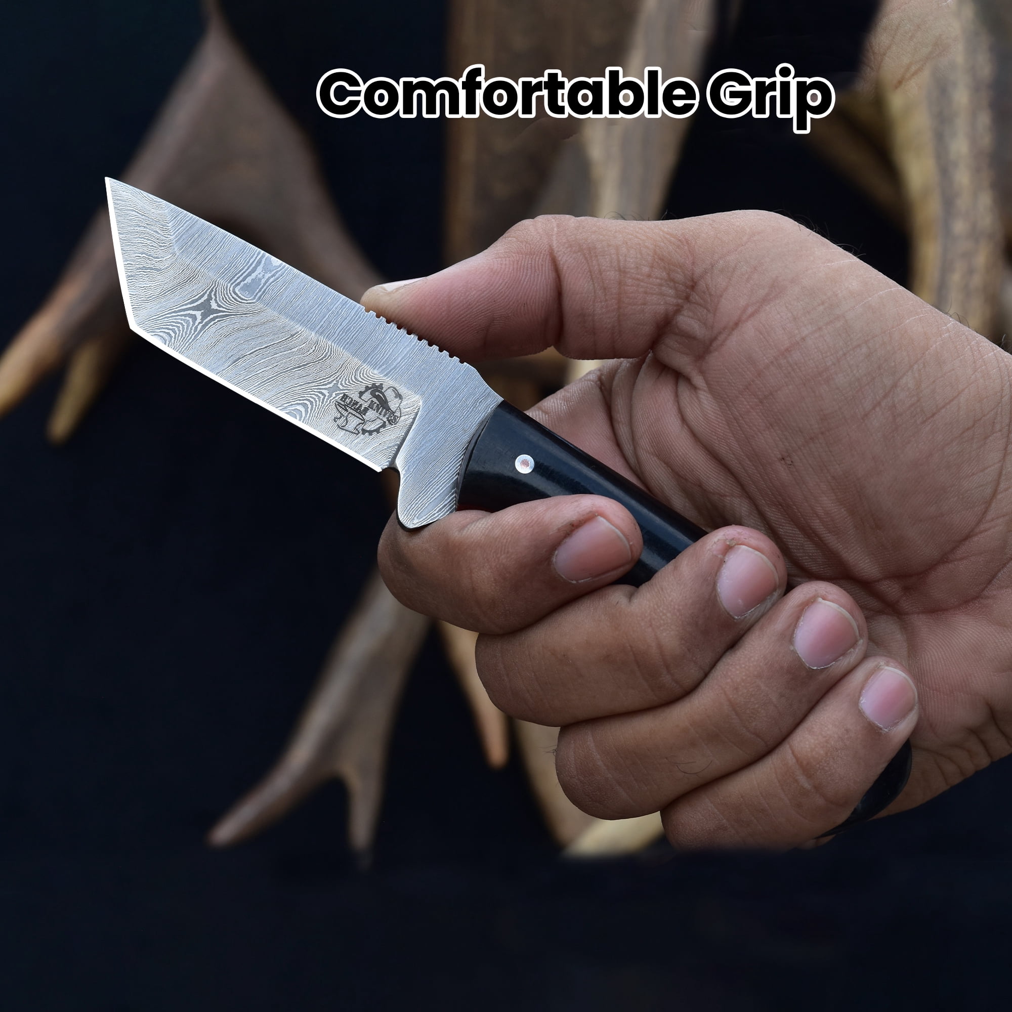 Knives Ranch Handmade Everyday Carry Knife - Full Tang Damascus Steel Blade - Horizontal Leather Sheath - Fixed Blade Utility Knife with Micarta Handle