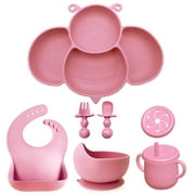 Silicone Baby Feeding Set, Baby Led Weaning Set Bee Shaped Plate with Bibs, Spoon and Fork Cup Kit with Lid, Self Eating Set for Toddlers