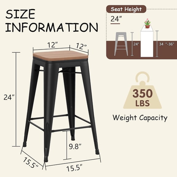 Set of 4 Stackable Metal Bar Stools Industrial Counter Height Backless with Wooden Seats Matte Black