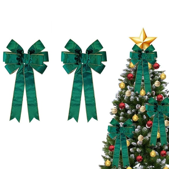 XEAZON Green Velvet Bows for Christmas, 11 X 24 inch Vintage Green Bow, Golden Edged Velvet Tree Topper Ornament for Wreaths, Front Door, Stairs, Fireplace, Xmas Tree Topper, Outdoor Indoor (2Pcs)