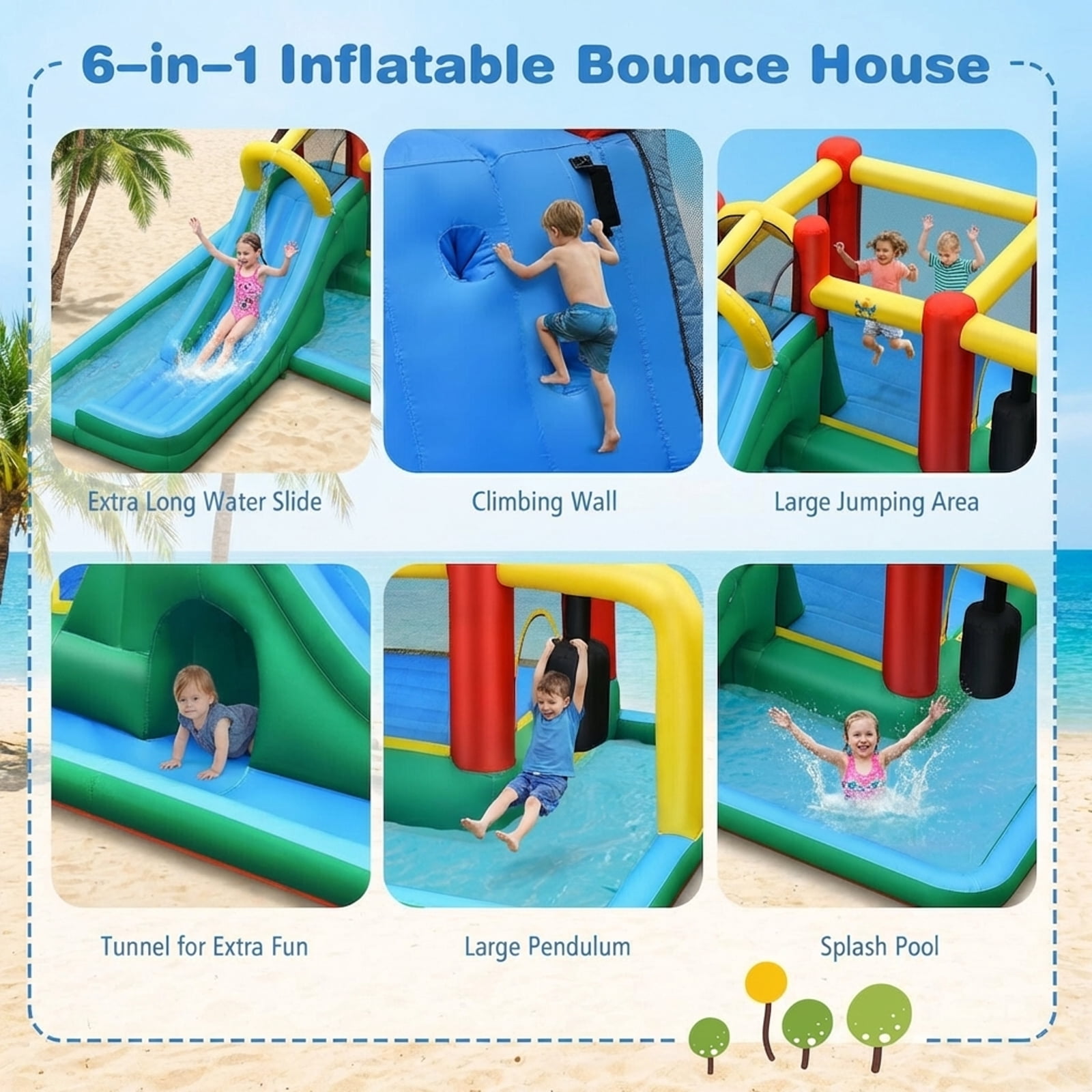 Redsmile Inflatable Water Slide Climbing Bounce House with Tunnel and Pendulum for Kids Aged 3-10 Outdoor Backyard Fun - Blue Yellow Red