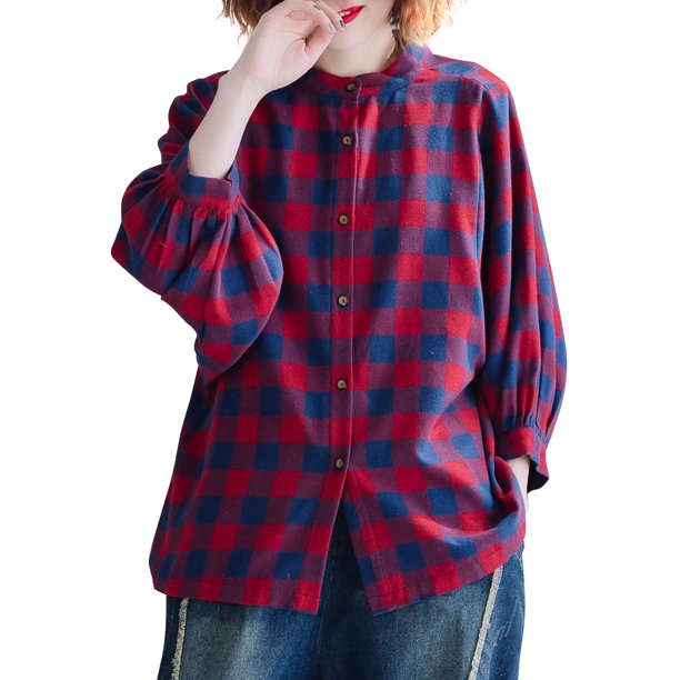 Camisa Vintage para mujer, estampado a cuadros, cuello alto, manga larga, manga murciélago, blusa in Abanopi Rojo