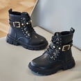 thumbnail image 6 of Babcutegg Girls Short Leather Boots Lace Up Adjustable Strap Low Heel Round Toe Shoes Fall Winter Casual Martin Boots Black Size 3Y Big Kid, 6 of 8