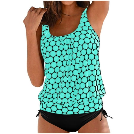 Pimfylm Plus Size Print Tankini Swimsuits with Boyshorts Two Piece Tummy Control Bathing Suit for Women(Mint Green 5XL)